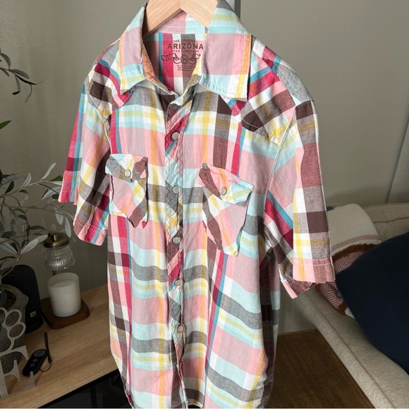 Arizona Boy’s S/S Snap Close Pink/yellow/red/teal Plaid Shirt Size M (10/12) - Picture 2 of 11